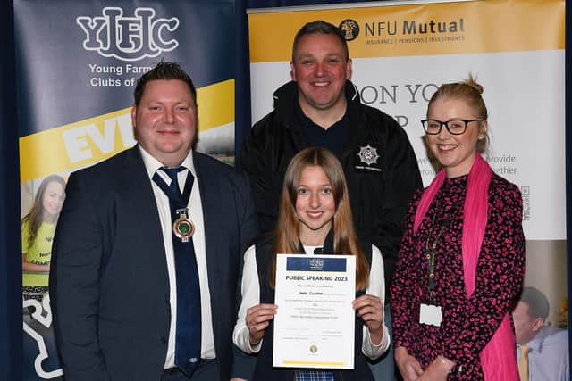 Katie Couter 1st place impromptu with Stuart Mills, YFCU President,Paul Black, from the Police Service of Northern Ireland (PSNI) and Lauren Hamilton, NFU Mutual.
