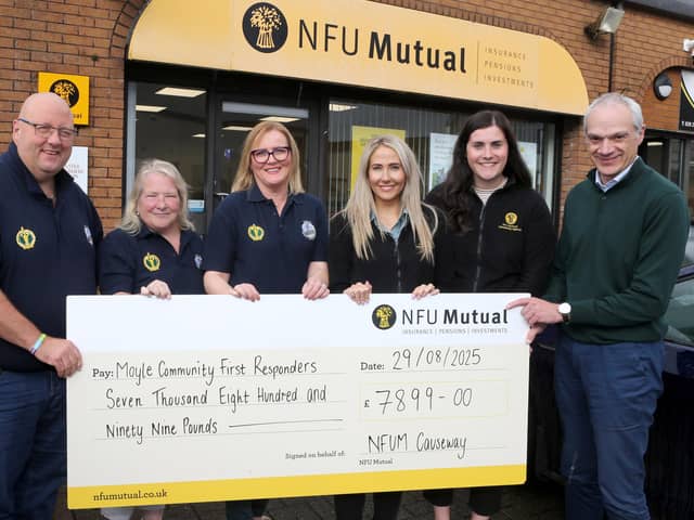 James Mulholland, Tracey McAuley and Julina Butler from Moyle Community First Responders accept a cheque for £7,899 from David Lennox, Sarah Lynch and Lesley Ann Stewart from NFU Causeway at their offices in Ballymoney. (Picture: Kevin McAuley/McAuley Multimedia)