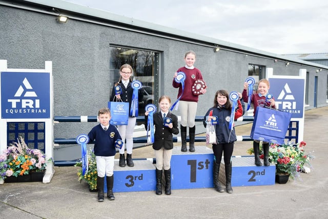 Winners of the Primary 50cm Individual class (Sofia Newell, Erin Bates, Ruby Mulvenna, Dillon Holmes Bates, Georgina Cunningham and Ella Johnston)