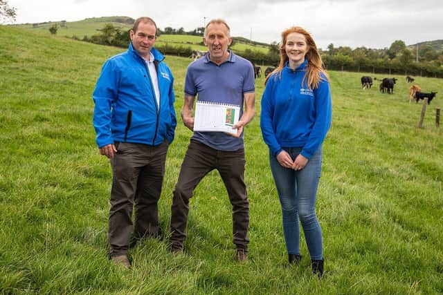 John Milligan, a beef farmer from Castlewellan, with Andrew Thompson (CAFRE) and Emma Neville (CAFRE) reviewing SNHS Soil Analysis results in preparation for TDF event on Tuesday 26 September.
