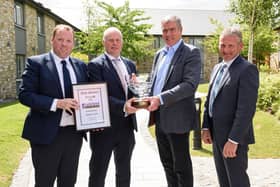 The Supreme Champion of the Lakeland Dairies Milk Quality Awards is Stephen Cargill, Templepatrick, Ballyclare, Co. Antrim, who claimed the accolade for the exceptionally high quality of milk produced on his farm throughout the past year. Mr. Cargill also took home the >1m litre producer category award in Northern Ireland. Pictured L/R Colin Kelly, Group CEO; Niall Matthews, Chairman; Stephen Cargill and Keith Agnew, Vice-Chairman, Lakeland Dairies. Picture by Rory Geary, NO REPRO FEE.