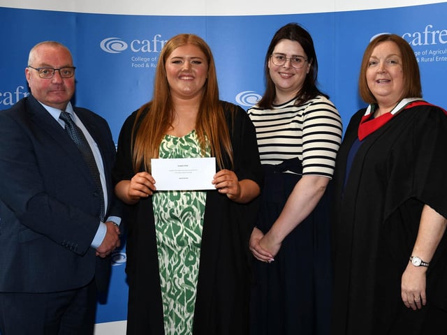 Jayne Hunter (Benburb) was presented with the Dunbia Prize at the Loughry Campus Further Education Awards Ceremony. Jayne was congratulated for achieving the best performance in the subject of Meat Technology during her course by Dunbia representatives Victor Hazelton and Katie Morton alongside Nicola Kerr (Senior Lecturer, CAFRE). Jayne will be following her interest in meat, having secured a Higher Level Apprenticeship (HLA) with Linden Foods. (Pic: CAFRE)