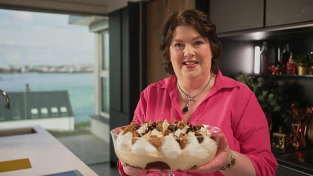 Paula with Typsy Laird Trifle. Pic: BBC