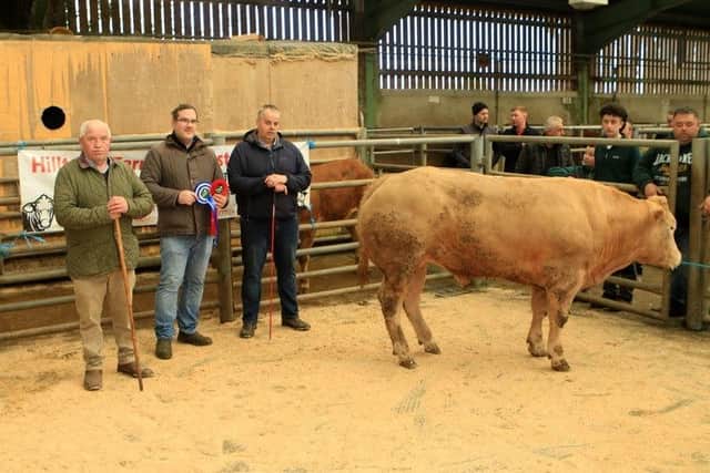 Mart manager John Farnon, pictured with William Walsh and judge Keith Tumitly along with the reserve overall prize winner at the show.