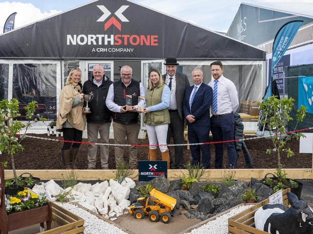 The award for the Best Trade Stand Displaying an Agri Product or Service was presented to Northstone Materials. Left to right: Judges Amanda Day and Corrie Ince join Paul Hawkes and Jonathan Gault from Northstone Materials alongside RUAS President David Cunningham and Malcom Kerr and Dermot McCracken from proud sponsor Donnelly Group.