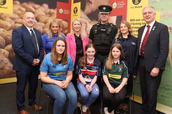 Front row, left to right: YFCU members Bethany Park, Abbie Harkness and Lucy McCombe. (Back row left to right) Martin Malone NFU Mutual Manager for Northern Ireland, YFCU marketing and communications executive Georgia Gilmore, Federation of Small Businesses development manager Roisin McAliskey, PSNI Rural and Wildlife Crime Lead Superintendent Johnston McDowell, YFCU assistant events and activities executive Laura Murray and UFU deputy president William Irvine.