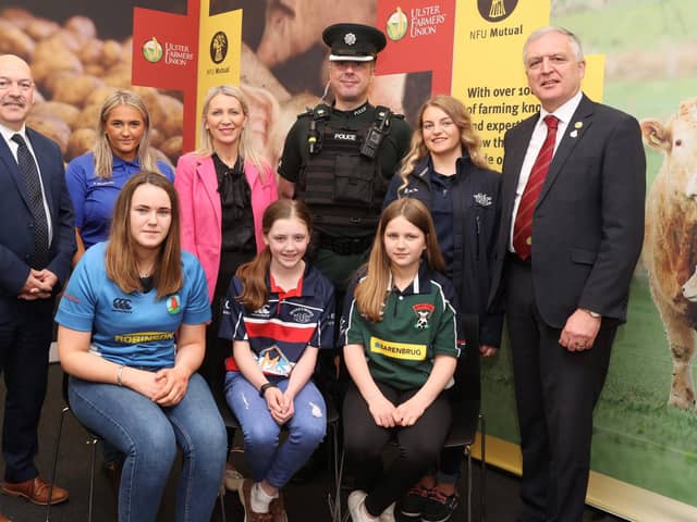 Front row, left to right: YFCU members Bethany Park, Abbie Harkness and Lucy McCombe. (Back row left to right) Martin Malone NFU Mutual Manager for Northern Ireland, YFCU marketing and communications executive Georgia Gilmore, Federation of Small Businesses development manager Roisin McAliskey, PSNI Rural and Wildlife Crime Lead Superintendent Johnston McDowell, YFCU assistant events and activities executive Laura Murray and UFU deputy president William Irvine.