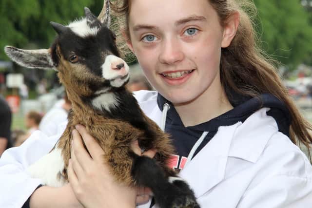 Nicole Frazer, Newtownhamilton, with her pygmy kid Samson at Lurgan Show in 2016. Picture: Julie Hazelton