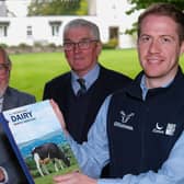 Stephen Shanks, right, Genus ABS, discusses sponsorship of Holstein NI’s forthcoming bull sale at Kilrea, with John McIlrath, HA McIlrath and Sons, Kilrea; and Holstein NI president David Perry. Photograph: Columba O'Hare/ Newry.ie