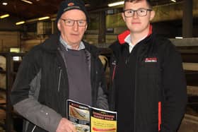 Thomas Quinn, Ballygawley, chats to sponsor David Henderson at the April Dungannon Dairy Sale. Picture: Julie Hazelton