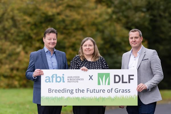 (L-R) Christian Sig Jensen, head of Corporate Product Management at DLF; Dr Gillian Young, head of AFBI’s grass breeding research programme, and Lee Wilson, General Manager of DLF Ireland.