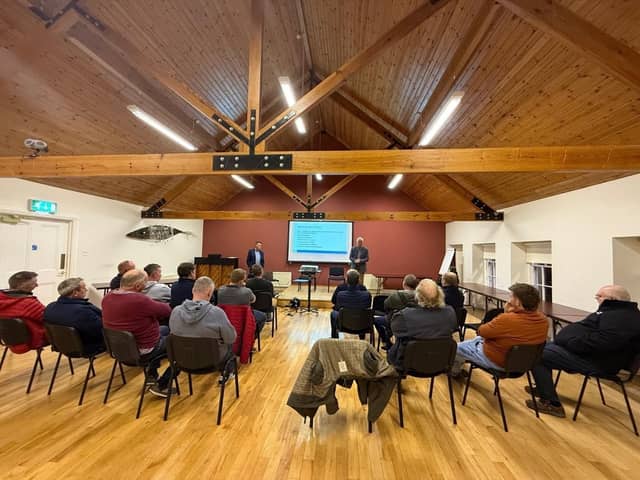 NE Derry group members listen to John Moore and Victor Chestnutt from Sustainable Ruminant Genetics.