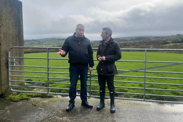 UFU hill farming vice chair Clement Lynch, pictured with DAERA Minister Andrew Muir on his sheep farm in Park, Co. Derry. (Pic: UFU)