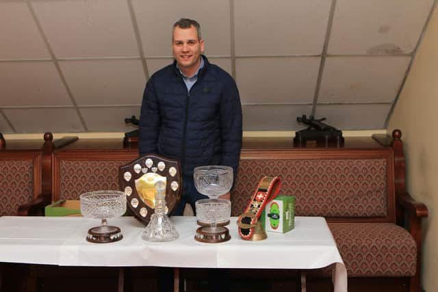 Shane McDonald (Coolcran Herd) collecting the silverware won by himself and brother Paul throughout the 2022 show circuit with Coolcran Maximus and Ashland Topaz Mair .