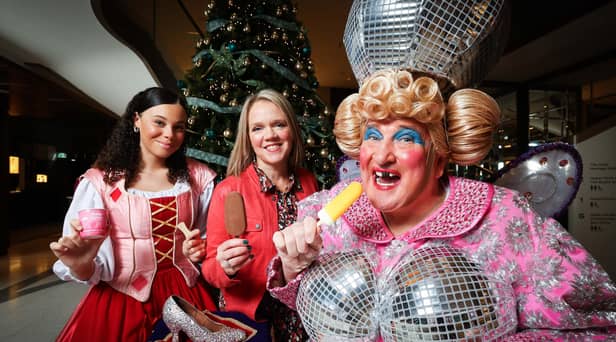Belfast’s favourite Fairy Godmother May McFettridge, who this year celebrates a record-breaking 32 Grand Opera House pantomime seasons is joined by Cinderella herself (Kia-Paris Walcott) and Caroline Martin, Corporate Marketing and Communications Manager from Dale Farm.