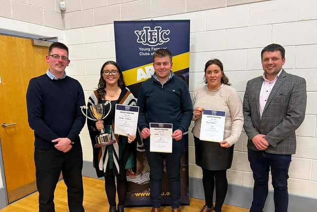 Pictured is the winning 25-30 group debating team from Kilraughts YFC, receiving the Kilpatrick Perpetual trophy from guest speaker David Duly (left) and YFCU deputy president Richard Beattie (right). Picture: Submitted