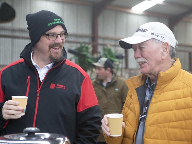 Michael Copeland & Alan McIlmoyle enjoy a cup of coffee at the UGS farm visit