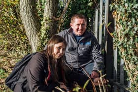 Kirsty from Integrated College and Johnny Topley, Moy Park Regional Sustainability Manager, visit a new hedgerow planting space on school grounds.