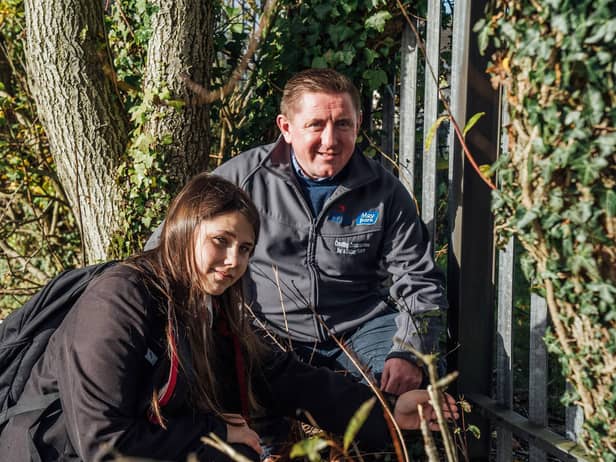 Kirsty from Integrated College and Johnny Topley, Moy Park Regional Sustainability Manager, visit a new hedgerow planting space on school grounds.