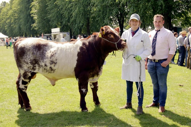 Ruth Bleakley, from Clogher, and judge Sam Martin, pictured with her reserve champion in the Beef Shorthorn class at Lurgan Show. Picture: Cliff Donaldson