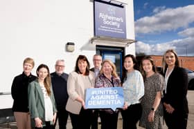 The team from Moy Park, pictured with Amanda McGale, Regional Community Fundraising Manager for Alzheimer's Society NI and North West England and Linzi Stewart, Community Fundraiser for Alzheimer's Society. (L-R) Mary Daly, Claire Weir and Aaron Dixon, Amanda McGale, Brian Moreland, Sharon Gallagher, Linzi Stewart, Rebecca Dixon and Grace Dobbs. Picture: Moy Park