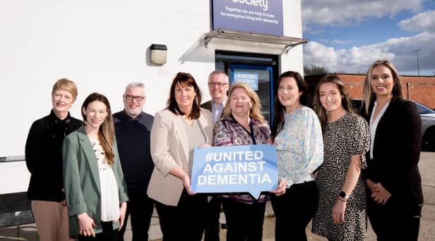 The team from Moy Park, pictured with Amanda McGale, Regional Community Fundraising Manager for Alzheimer's Society NI and North West England and Linzi Stewart, Community Fundraiser for Alzheimer's Society. (L-R) Mary Daly, Claire Weir and Aaron Dixon, Amanda McGale, Brian Moreland, Sharon Gallagher, Linzi Stewart, Rebecca Dixon and Grace Dobbs. Picture: Moy Park