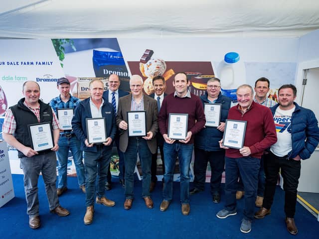 Winners of the Dale Farm Milk Quality Improvement Awards pictured with Dale Farm Chair Fred Allen and Cormac McKervey, Head of Agriculture, Ulster Bank.