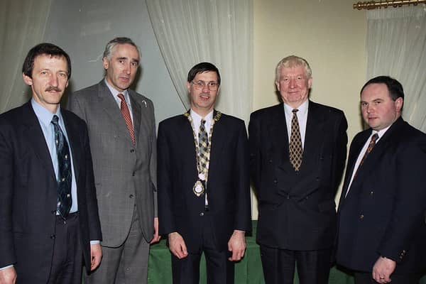 Pictured in February 1999 at the Ulster Grassland Society conference Dr Raymond Steen (centre of the photograph), president of the Ulster Grassland Association, with conference speakers, from left, Stewart Jameson, Matt Dempsey, Dr David Stewart and Phelim O’Neill. Picture: Farming Life archives/Darryl Armitage