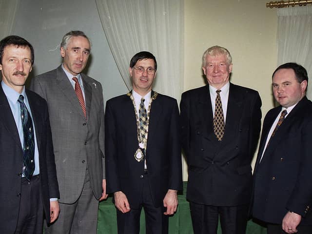 Pictured in February 1999 at the Ulster Grassland Society conference Dr Raymond Steen (centre of the photograph), president of the Ulster Grassland Association, with conference speakers, from left, Stewart Jameson, Matt Dempsey, Dr David Stewart and Phelim O’Neill. Picture: Farming Life archives/Darryl Armitage