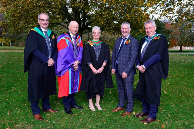The Platform party at the Greenmount Campus Further Education autumn graduation ceremony Martin McKendry (CAFRE Director), Dr Eric Long (Head of Education Service, CAFRE), Irene Downey (Senior Lecturer, CAFRE), Guest Speaker, Victor Chestnutt (Immediate Past President of the Ulster Farmers’ Union) and Paul Mooney (Head of Horticulture, CAFRE).