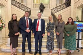 UFU communications officer Lynsay Beattie, UFU policy and communications director James McCluggage, Minister of Education Paul Givan, Carla Lockhart, MP, teacher Kim Montgomery and UFU policy officer Kayleigh Ashton-Meek.