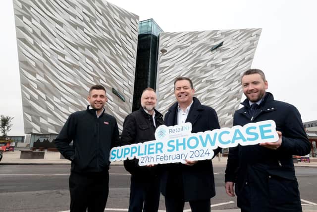 Retail NI Unveils Second Annual Supplier Showcase Event Celebrating Local Producers and Manufacturers: Supported by key partners Biopax Limited and Bobby’s Foods, the event is scheduled to take place on Tuesday, 27 February 2024, from 3-6 pm at Titanic Belfast. This year's showcase will feature over 50 exhibits, allowing attendees to explore a diverse range of products and services from local suppliers.
 Left: David Agnew, Bobby’s Foods; Colin Maxwell, nijobfinder; Glyn Roberts, chief executive, Retail NI and Liam O’Connor, sales and marketing director, Biopax