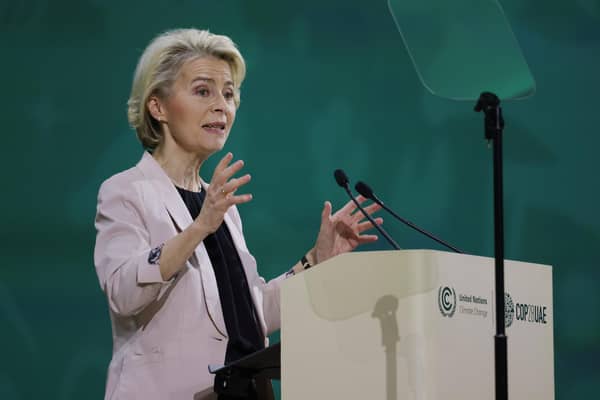 DUBAI, UNITED ARAB EMIRATES - DECEMBER 02: President of the European Commission Ursula von der Leyen speaks at a renewable energies capacity and efficiency forum during day two of the high-level segment of the UNFCCC COP28 Climate Conference at Expo City Dubai on December 02, 2023 in Dubai, United Arab Emirates. The COP28, which is running from November 30 through December 12, brings together stakeholders, including international heads of state and other leaders, scientists, environmentalists, indigenous peoples representatives, activists and others to discuss and agree on the implementation of global measures towards mitigating the effects of climate change. (Photo by Sean Gallup/Getty Images)