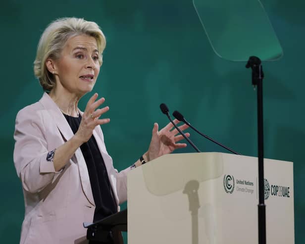 DUBAI, UNITED ARAB EMIRATES - DECEMBER 02: President of the European Commission Ursula von der Leyen speaks at a renewable energies capacity and efficiency forum during day two of the high-level segment of the UNFCCC COP28 Climate Conference at Expo City Dubai on December 02, 2023 in Dubai, United Arab Emirates. The COP28, which is running from November 30 through December 12, brings together stakeholders, including international heads of state and other leaders, scientists, environmentalists, indigenous peoples representatives, activists and others to discuss and agree on the implementation of global measures towards mitigating the effects of climate change. (Photo by Sean Gallup/Getty Images)