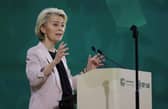 DUBAI, UNITED ARAB EMIRATES - DECEMBER 02: President of the European Commission Ursula von der Leyen speaks at a renewable energies capacity and efficiency forum during day two of the high-level segment of the UNFCCC COP28 Climate Conference at Expo City Dubai on December 02, 2023 in Dubai, United Arab Emirates. The COP28, which is running from November 30 through December 12, brings together stakeholders, including international heads of state and other leaders, scientists, environmentalists, indigenous peoples representatives, activists and others to discuss and agree on the implementation of global measures towards mitigating the effects of climate change. (Photo by Sean Gallup/Getty Images)