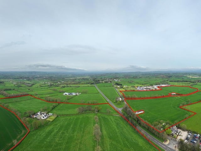 The farm is situated in a highly sought after prominent location fronting onto the main Ballyrobin Road, Muckamore, County Antrim, and is offered for sale by R.A. Noble and Co.