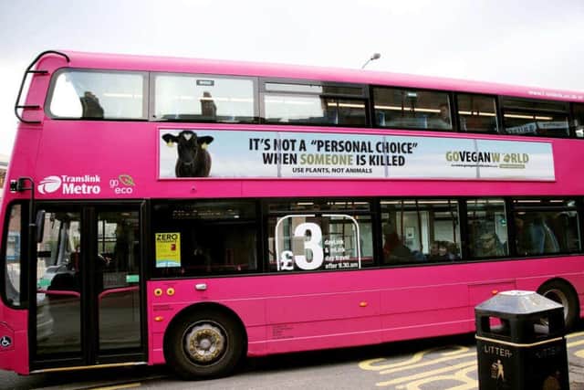 Go Vegan World ads will appear on 100 buses in Northern Ireland over the New Year period. Image: Go Vegan World