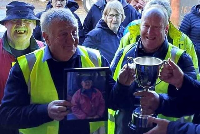 Martin Mehaffey and Allen McAnally with the new cup. (Pic: Ballynure Vintage Tractor Ploughing  Society)