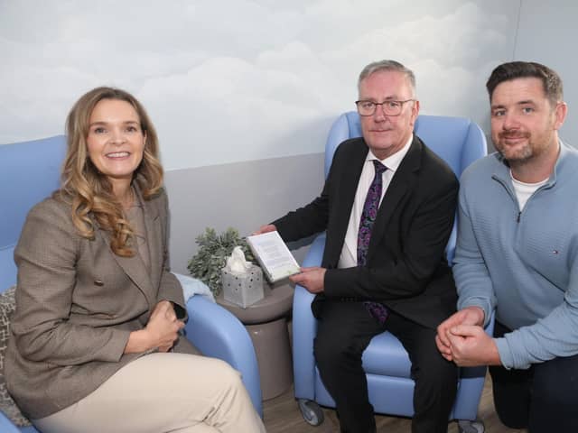 Corrina and Johnny McAleese pictured at the opening of the Infinity Room in Causeway Hospital with Health Minister Mike Nesbitt.