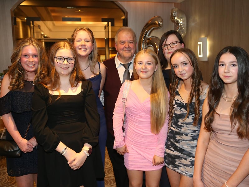 Emily Simpson, Bo Davidson, Gemma Fry Front, Ellen Lyttle, Ellie Ritchie, Kyra Leigh Hallisay, Leah McCord and Molly Clarke at the recent Kells and Connor anniversary dinner. Picture: Steven McAuley