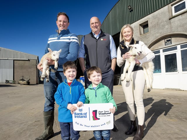 Pictured on Craighall Farm in Antrim are farm host William Clark, John McLenaghan Deputy President Ulster Farmers’ Union, Lauren Finlay Regional Manager NFU Mutual, John McLenaghan Deputy President Ulster Farmers’ Union, with Max Miller (4) and Freddie Miller (3) from Antrim.