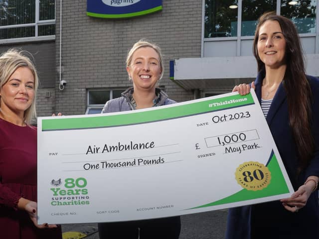 Lisburn based charity Air Ambulance NI receives a surprise £1k donation from Moy Park as part of the company’s 80th anniversary celebrations. Picture: Submitted