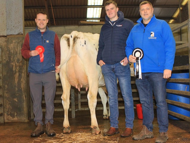 Champion was Relough Cosmo Danna 4 shown by Andrew McLean. Adding their congratulations are judge James Patton, and sponsor David Dunlop. Picture: Julie Hazelton