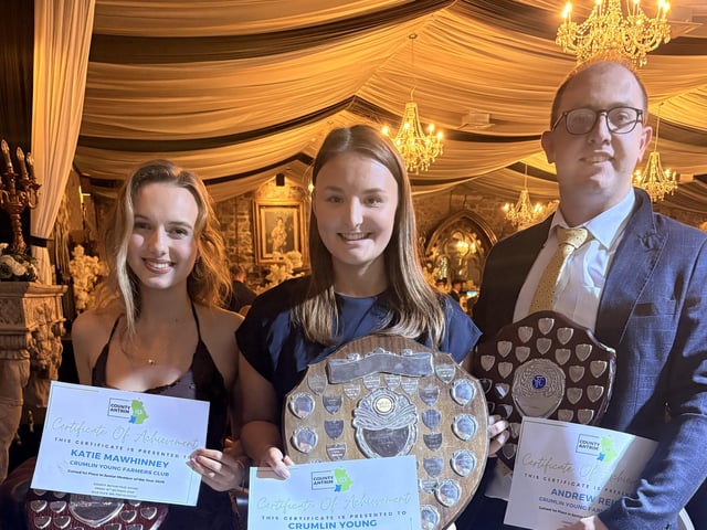 Crumlin Young Farmers' Club members: Katie Mawhinney received junior member of the year, Emma Knox received most efficient club on behalf of Crumlin YFC, Andrew Reid received senior member of the year.