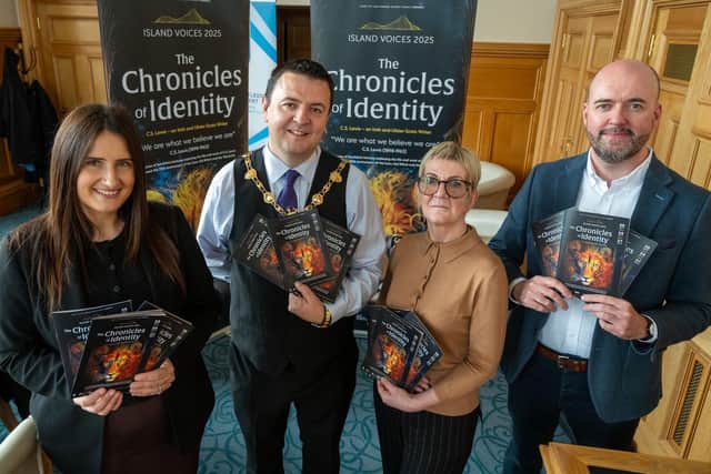 Mayor Ruairí McHugh with Erin Hamilton, Irish Language Officer, Amanda Biega, Good Relations Officer, and Pól Ó Frighil, Policy Officer (Languages). Picture: Martin McKeown