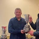 Tim Hunniford (Sprayrite Agri) presenting Raymond Glass with the Syngenta Cup for the orchard with the highest state of crop husbandry, especially freedom from pests and diseases. (Pic: UFU)