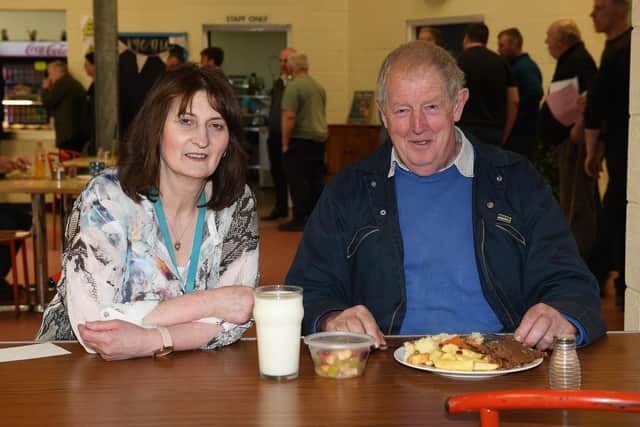 Farmer Godfrey Coulter from Cookstown enjoys lunch at Ballymena mart with Yvonne Carson, Rural Health and Wellbeing Manager at the Northern Health and Social Trust.
