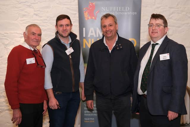 Basil Bayne, Harper Adams in Ireland; Andrew Clarke and Wayne Acheson Foyle Food Group and Jason Rankin, Nuffield Conference Committee pictured at the Nuffield Farming 2024 annual conference launch at AFBI Hillsborough. Photograph: Columba O'Hare/ Newry.ie