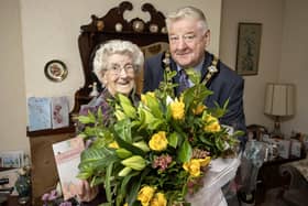 Mayor of Causeway Coast and Glens, Councillor Steven Callaghan joins Dorothy Cunningham to celebrate her 102nd birthday.Pic: McAuley Multimedia