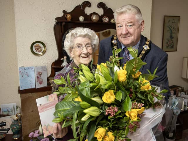 Mayor of Causeway Coast and Glens, Councillor Steven Callaghan joins Dorothy Cunningham to celebrate her 102nd birthday.Pic: McAuley Multimedia